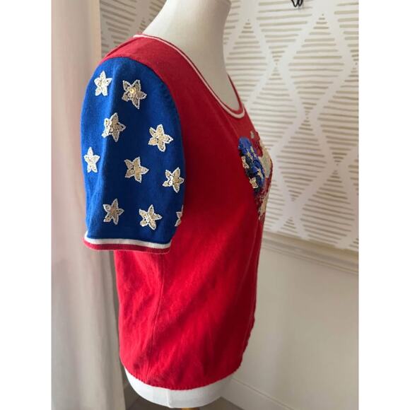 Emma Tricot Medium Patriotic American Flag Sequin Beaded Short Sleeve Shirt - Picture 6 of 8